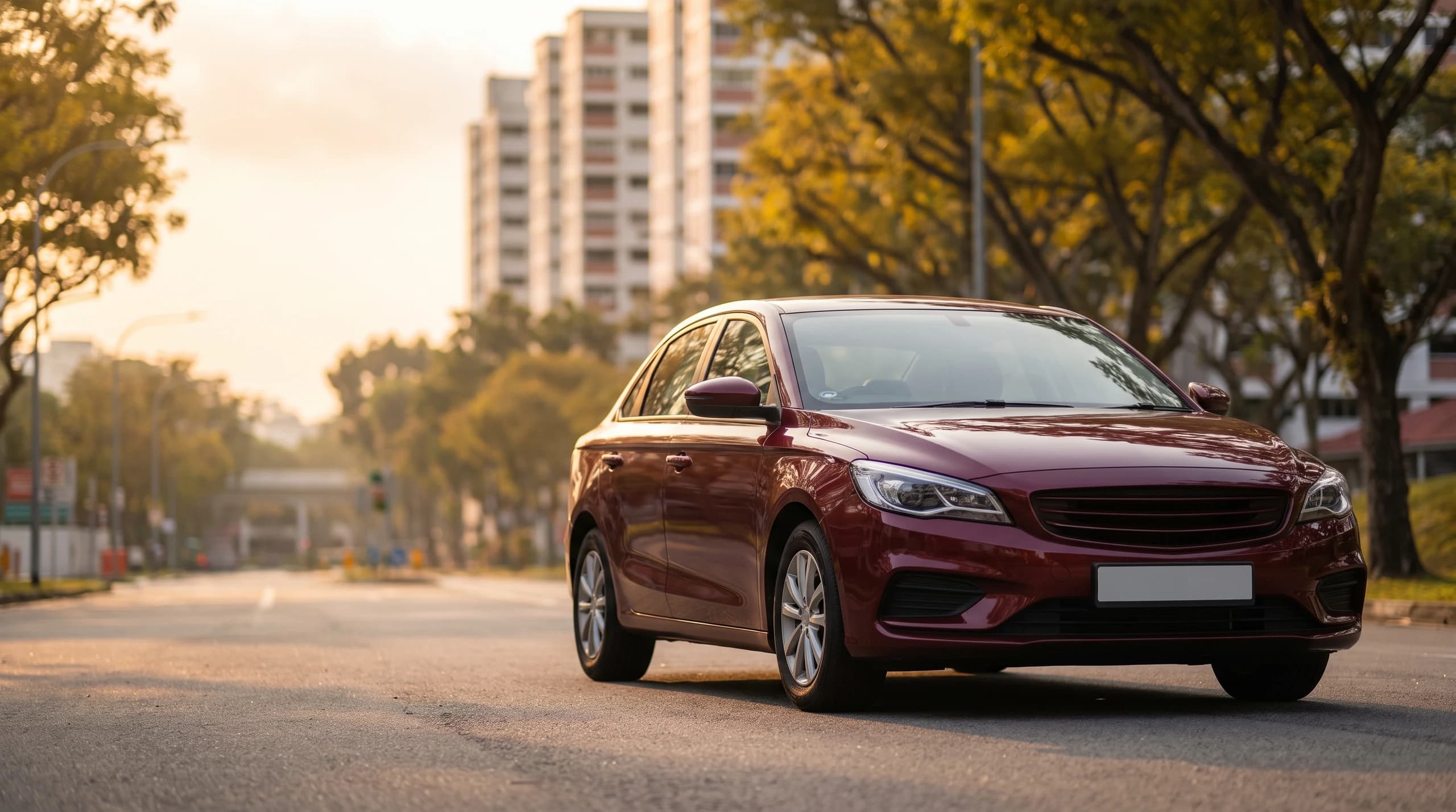A maroon family car parked on a tree-lined road beside HDB flats in Singapore at sunset